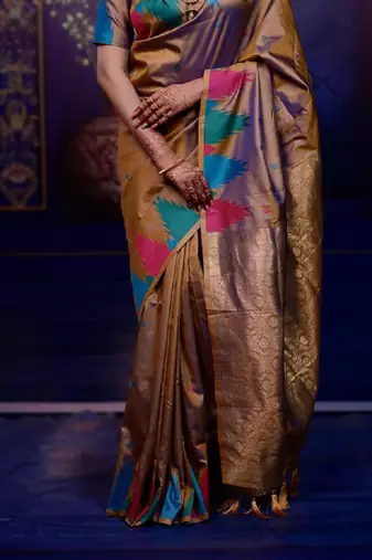 Brown temple border, zari work soft silk saree with blouse