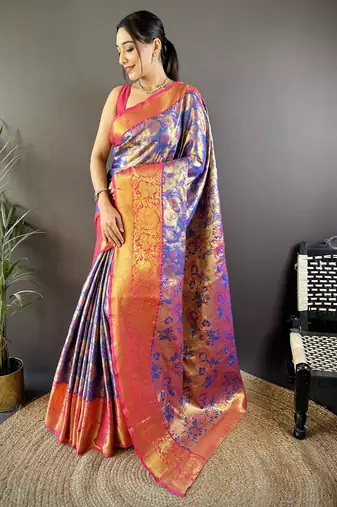 Blue floral, zari woven kanjivaram tissue silk saree with blouse