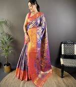 Blue floral, zari woven kanjivaram tissue silk saree with blouse