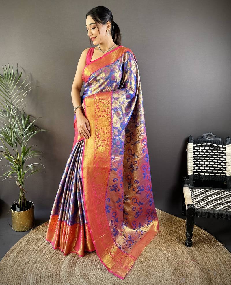 Blue floral, zari woven kanjivaram tissue silk saree with blouse