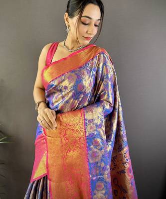 Blue floral zari woven tissue silk blend saree with blouse 2