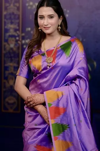 Lavender temple border, zari work soft silk saree with blouse