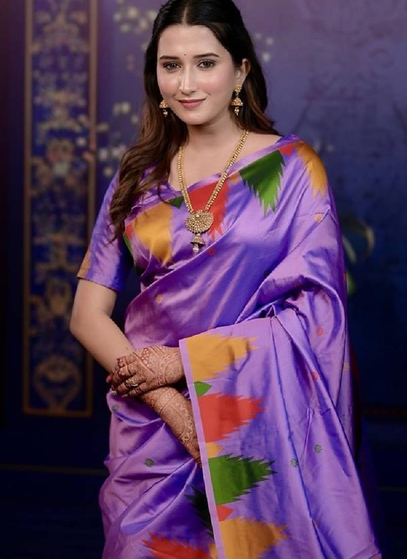 Lavender temple border, zari work soft silk saree with blouse
