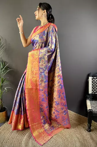 Blue floral, zari woven kanjivaram tissue silk saree with blouse