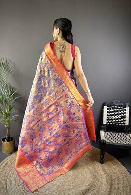 Blue floral zari woven tissue silk blend saree with blouse 4