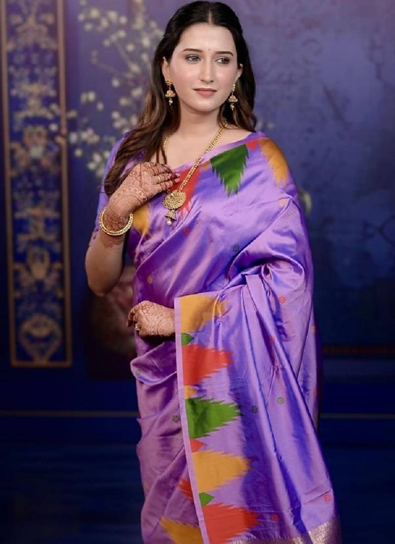 Lavender temple border, zari work soft silk saree with blouse