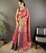Pink floral, zari woven kanjivaram tissue silk saree with blouse