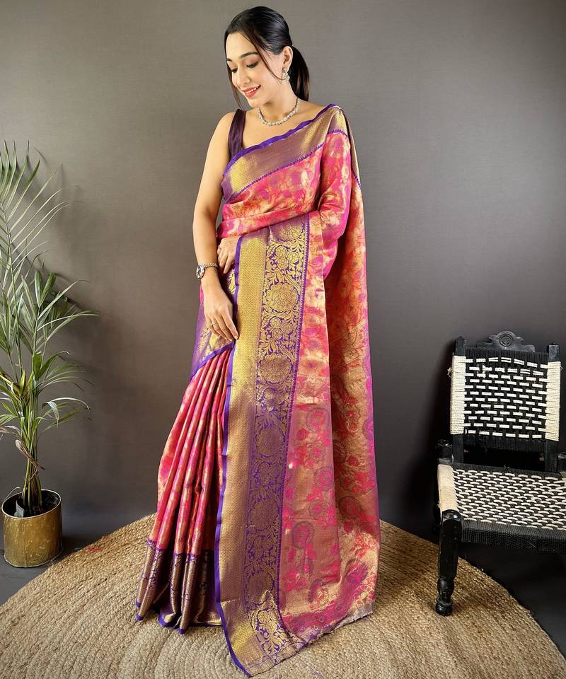 Pink floral, zari woven kanjivaram tissue silk saree with blouse