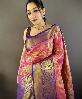 Pink floral zari woven tissue silk blend saree with blouse 2