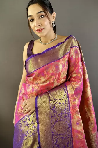 Pink floral, zari woven kanjivaram tissue silk saree with blouse