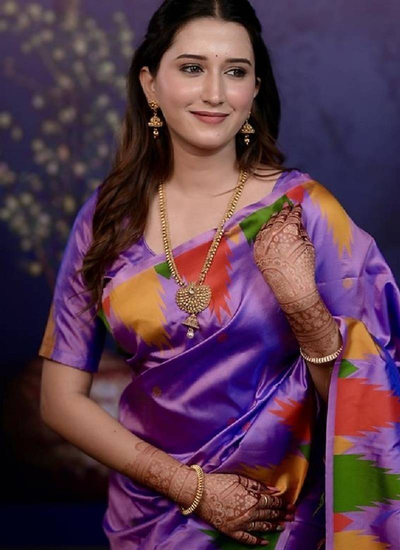 Lavender temple border, zari work soft silk saree with blouse