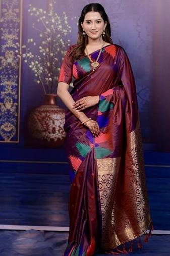 Maroon temple border, zari work soft silk saree with blouse