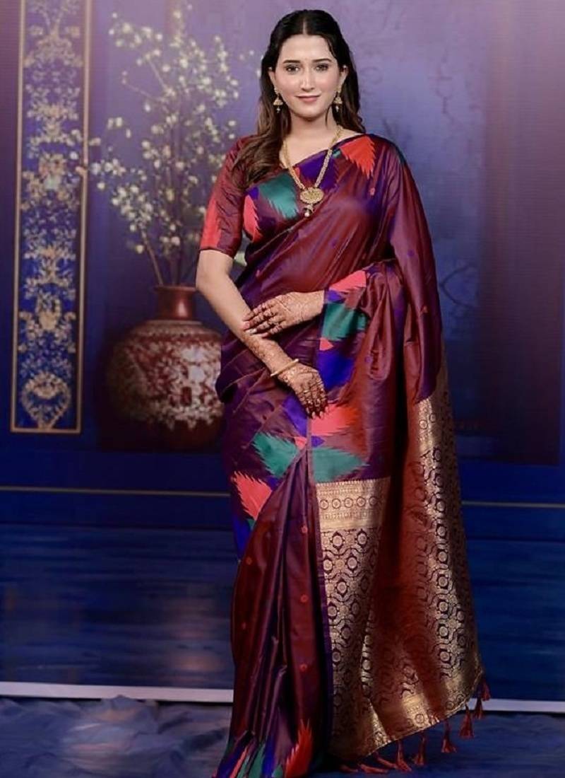 Maroon temple border, zari work soft silk saree with blouse