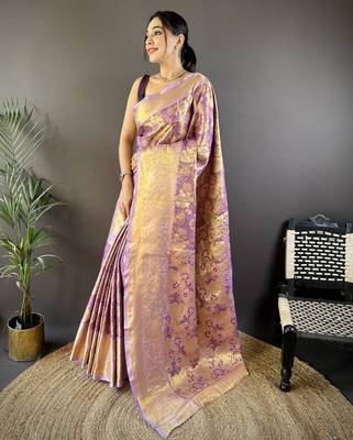 Purple floral zari woven tissue silk blend saree with blouse 1