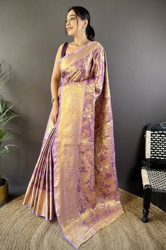 Purple floral, zari woven kanjivaram tissue silk saree with blouse