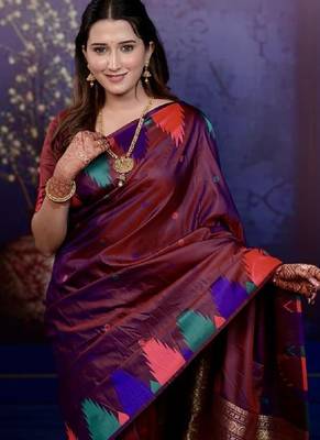 Maroon temple border, zari work soft silk saree with blouse 2