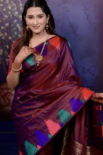Maroon temple border, zari work soft silk saree with blouse