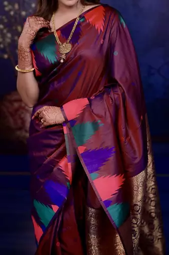 Maroon temple border, zari work soft silk saree with blouse