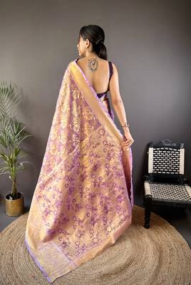 Purple floral zari woven tissue silk blend saree with blouse 4