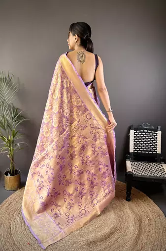 Purple floral, zari woven kanjivaram tissue silk saree with blouse