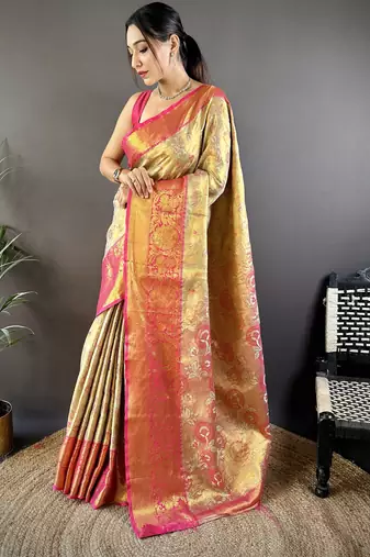 Yellow floral, zari woven kanjivaram tissue silk saree with blouse