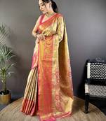 Yellow floral, zari woven kanjivaram tissue silk saree with blouse