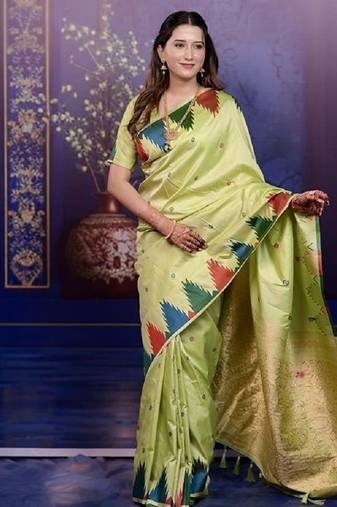 Parrot green temple border, zari work soft silk saree with blouse