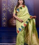 Parrot green temple border, zari work soft silk saree with blouse