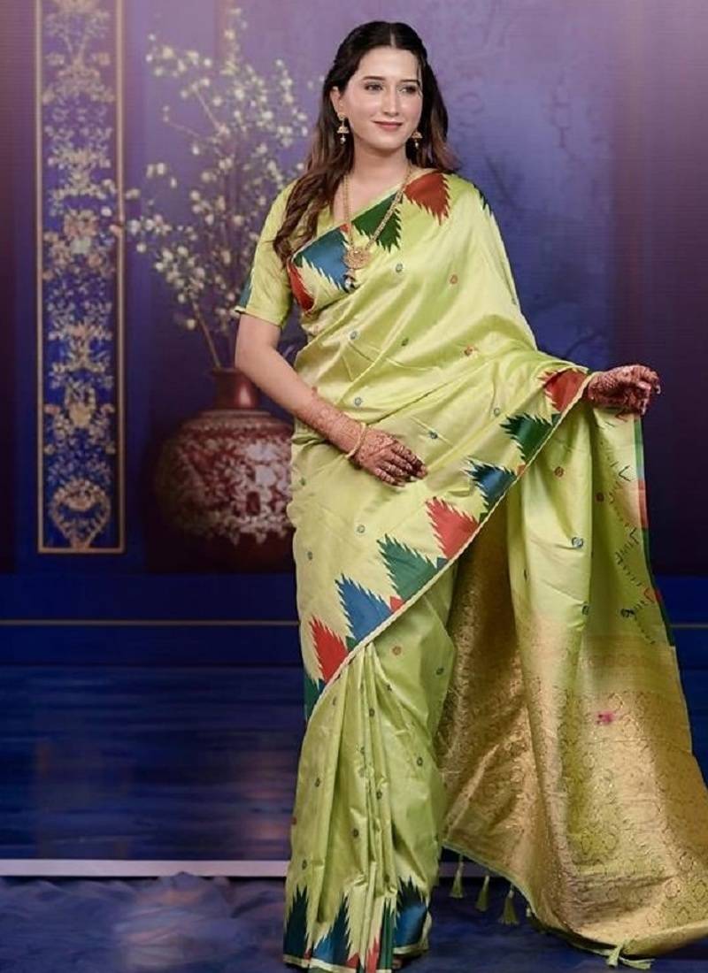 Parrot green temple border, zari work soft silk saree with blouse