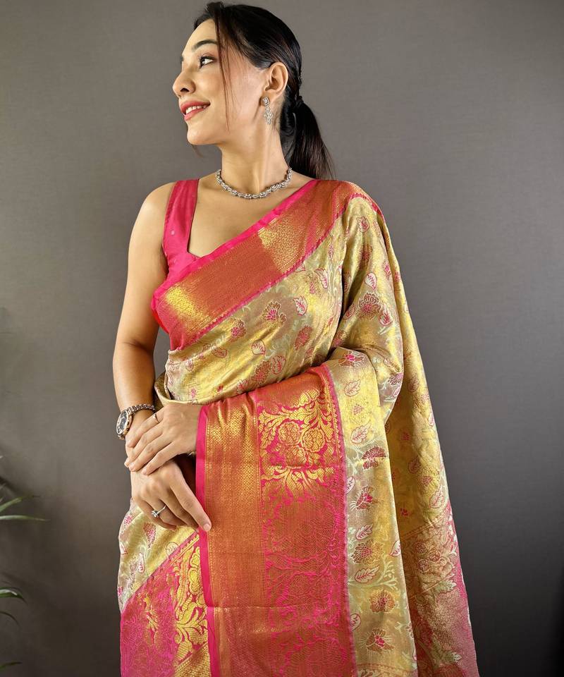 Yellow floral, zari woven kanjivaram tissue silk saree with blouse