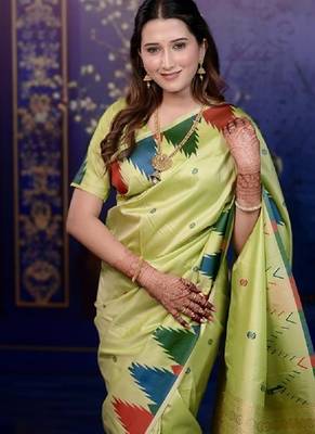 Parrot green temple border, zari work soft silk saree with blouse 2