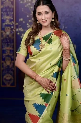 Parrot green temple border, zari work soft silk saree with blouse
