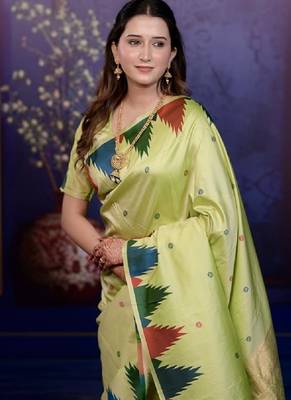 Parrot green temple border, zari work soft silk saree with blouse 3