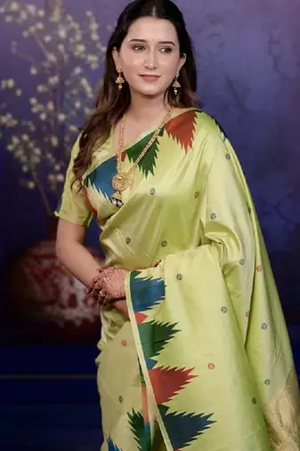 Parrot green temple border, zari work soft silk saree with blouse