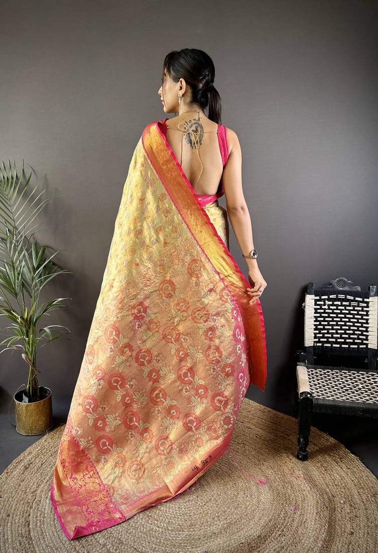 Yellow floral, zari woven kanjivaram tissue silk saree with blouse