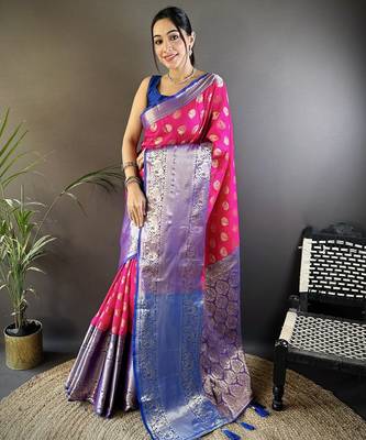 Pink floral peacock zari woven katan silk blend saree with blouse 1