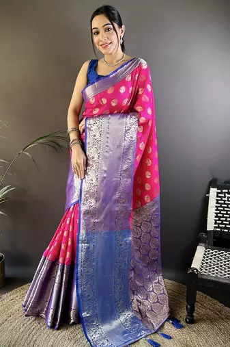 Pink floral, peacock zari woven kanjivaram katan silk saree with blouse