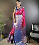 Pink floral, peacock zari woven kanjivaram katan silk saree with blouse