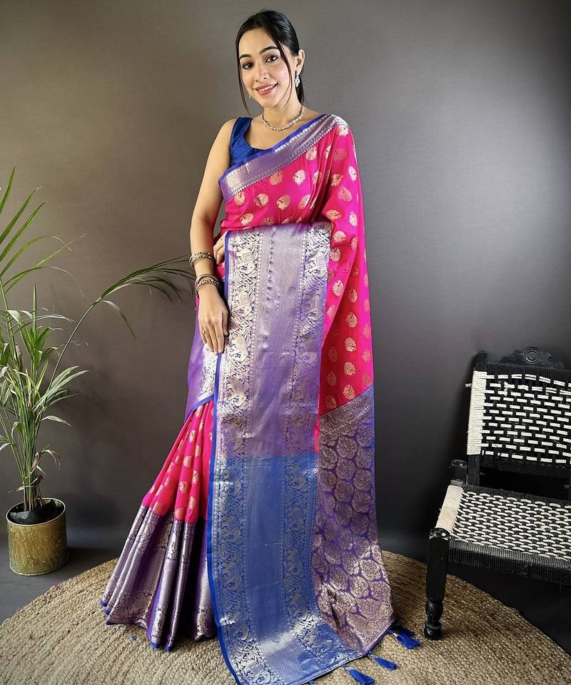 Pink floral, peacock zari woven kanjivaram katan silk saree with blouse