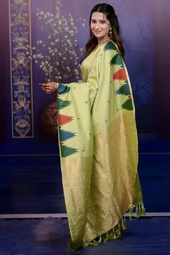 Parrot green temple border, zari work soft silk saree with blouse