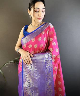 Pink floral peacock zari woven katan silk blend saree with blouse 2