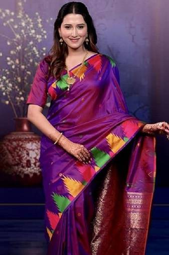 Purple temple border, zari work soft silk saree with blouse