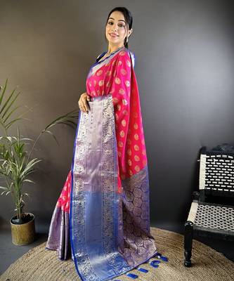 Pink floral peacock zari woven katan silk blend saree with blouse 3