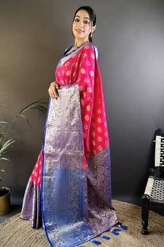 Pink floral, peacock zari woven kanjivaram katan silk saree with blouse