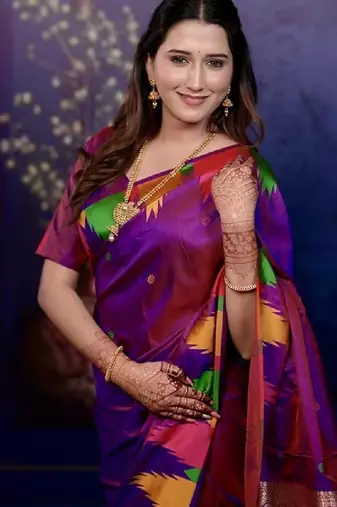 Purple temple border, zari work soft silk saree with blouse