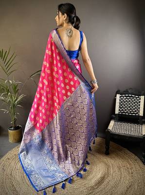 Pink floral peacock zari woven katan silk blend saree with blouse 4