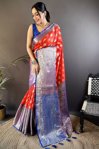 Red floral, peacock zari woven kanjivaram katan silk saree with blouse