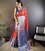 Red floral, peacock zari woven kanjivaram katan silk saree with blouse