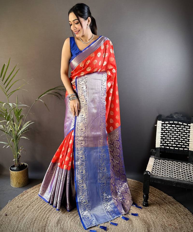 Red floral, peacock zari woven kanjivaram katan silk saree with blouse