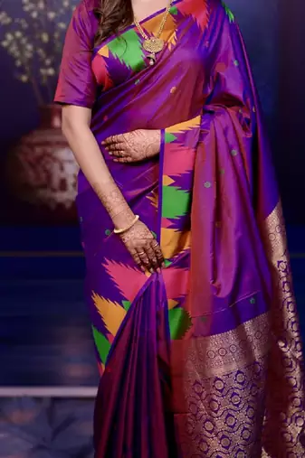 Purple temple border, zari work soft silk saree with blouse